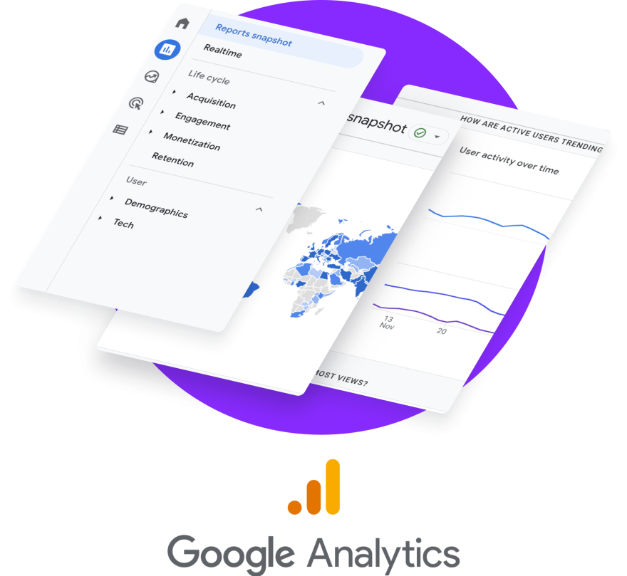 overlapping mobile screens of Google Analytics reports for the product navigation and logo