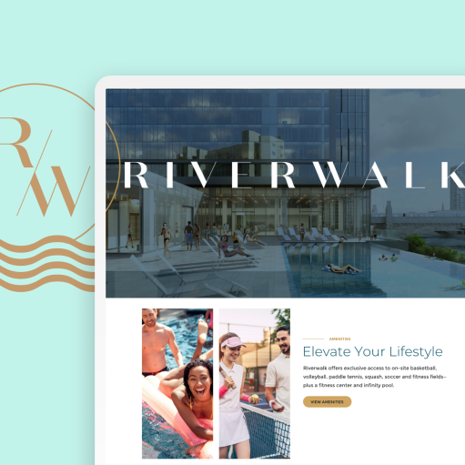 the Riverwalk website on tablet and the Riverwalk logo overlapping it
