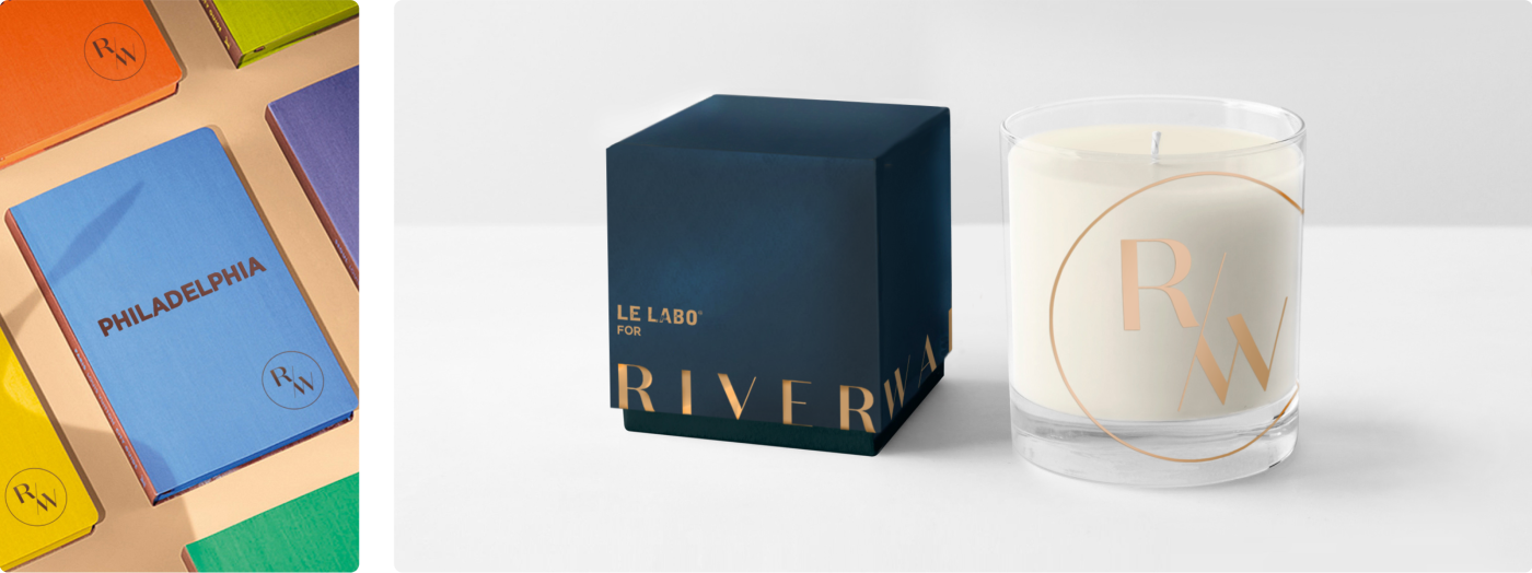 the Riverwalk R/W logo on notebooks and candles