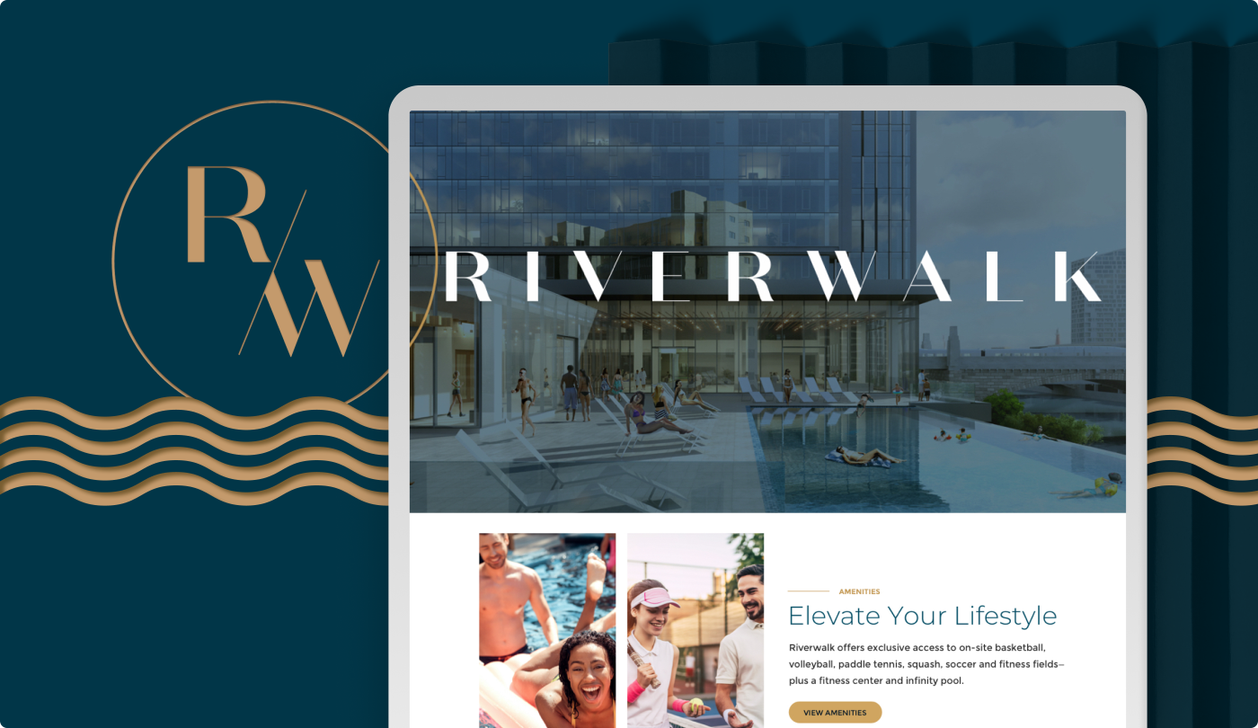 the Riverwalk website on a tablet device with the R/W logo and wave icons surrounding the device