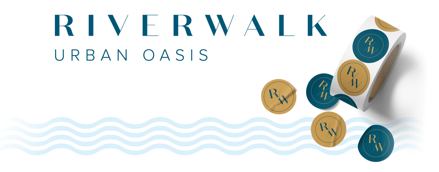 Riverwalk Urban Oasis logo and R/W logo as stickers on a roll and the wave emblem