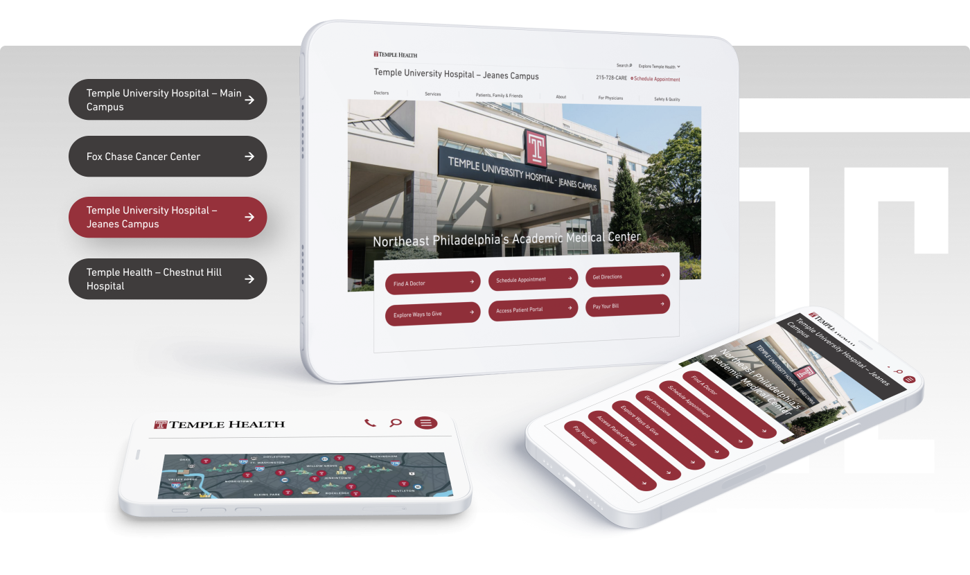 the Temple Health website on tablet and two mobile devices with the Temple T behind it