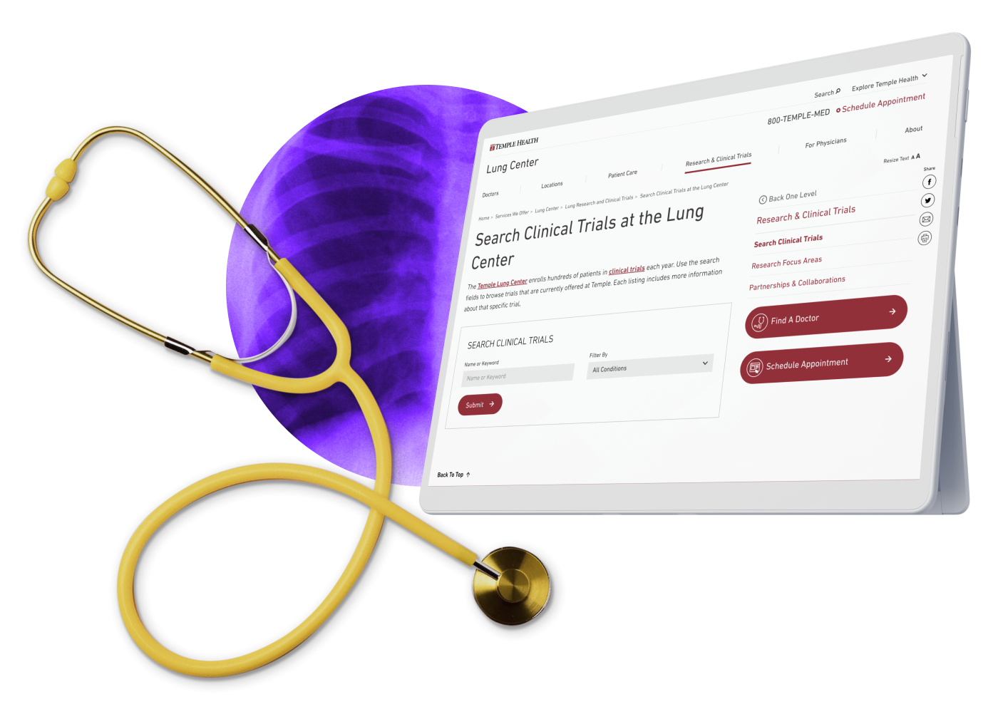 a yellow stethoscope in front of a purple X-ray of a chest next to the Temple Health website on a tablet device