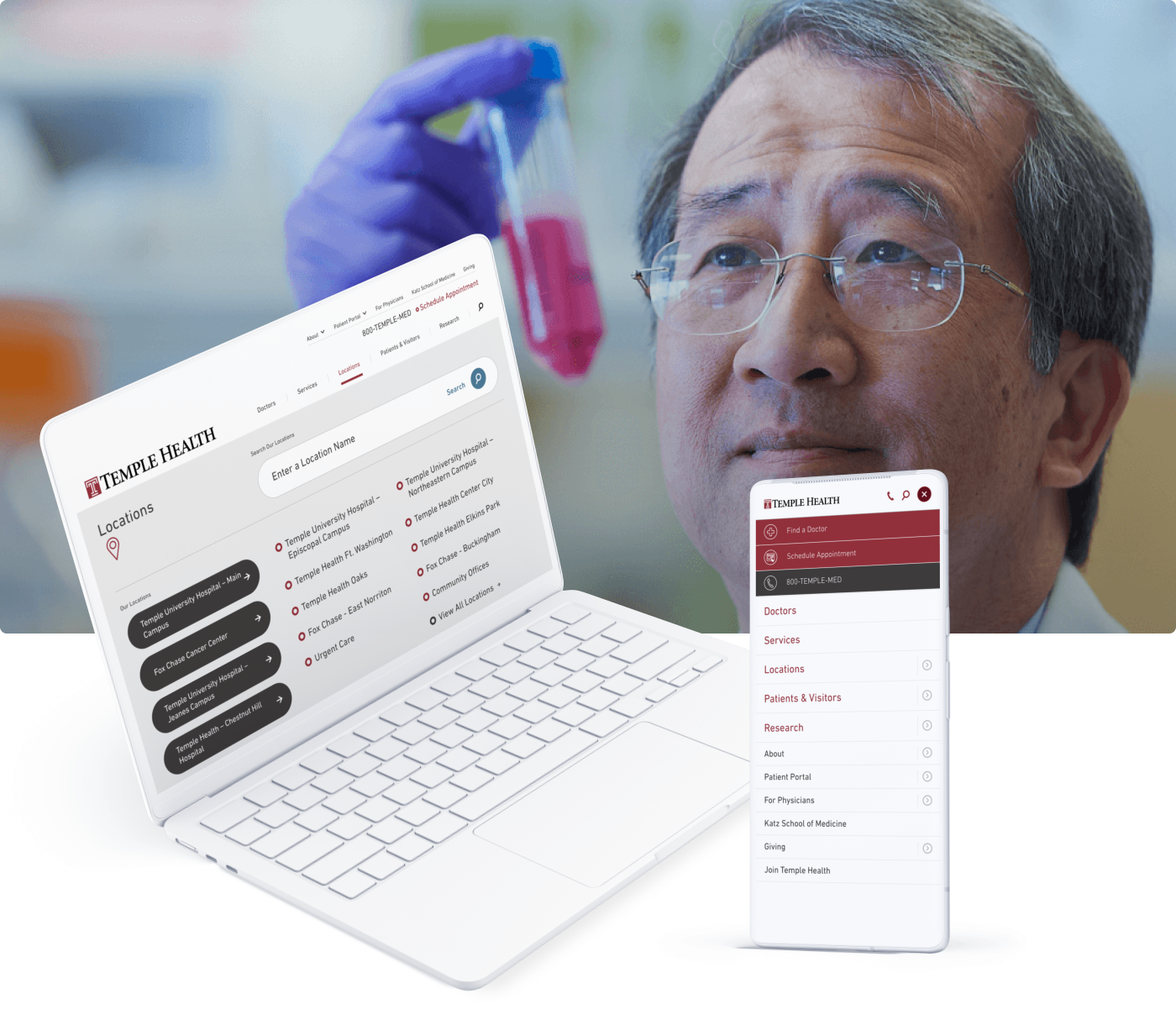 the Temple Health website on a laptop and mobile device screen on top of a background closeup of a male doctor looking a red test tube