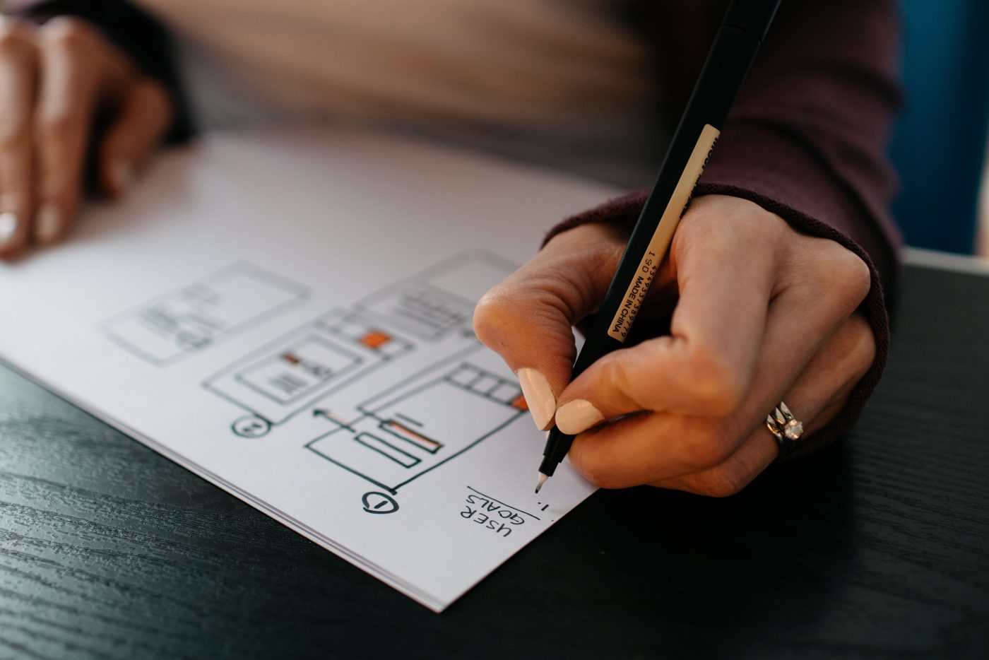 a woman's hand drawing a wireframe for a website