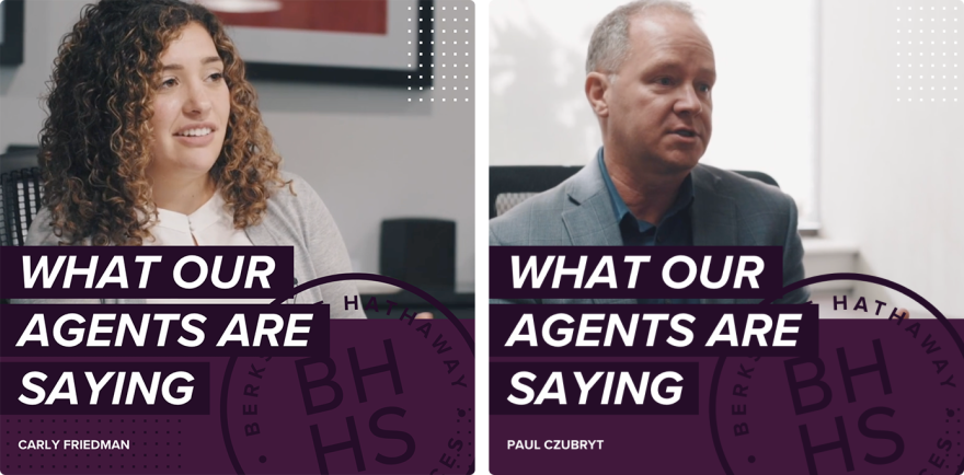 two What Our Agents are Saying photos of Carly Friedman and Paul Czubryt with the Berkshire Hathaway logo