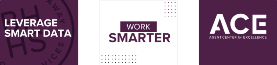 designed blocks that say Leverage Smart Data, Work Smarter, and ACE Agent Center for Excellence