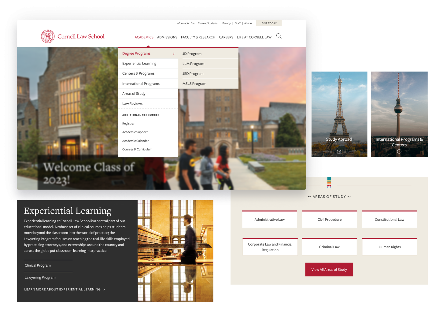 collage of examples from the Cornell Law website with the dropdown navigation menu, callouts, switchbacks, and areas of study anchor links