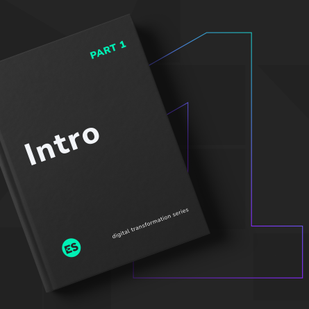 Black book cover featuring the title 'Intro' in the center. The bottom left corner displays the ES monogram. At the top right corner, 'Part 1' is prominently shown. In the background a captivating graphic of an outlined number '1' in purple to green gradient.