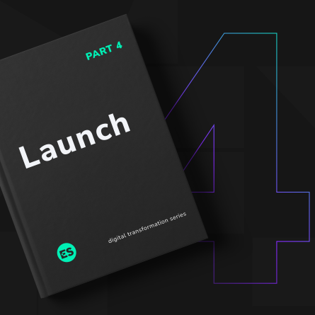 Black book cover featuring the title 'Launch' in the center. The bottom left corner displays the ES monogram. At the top right corner, 'Part 4' is prominently shown. In the background a captivating graphic of an outlined number '4' in purple to green gradient.