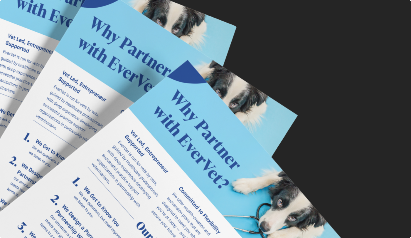 examples of Why Partner with EverVet? one sheets with a dog and a stethoscope