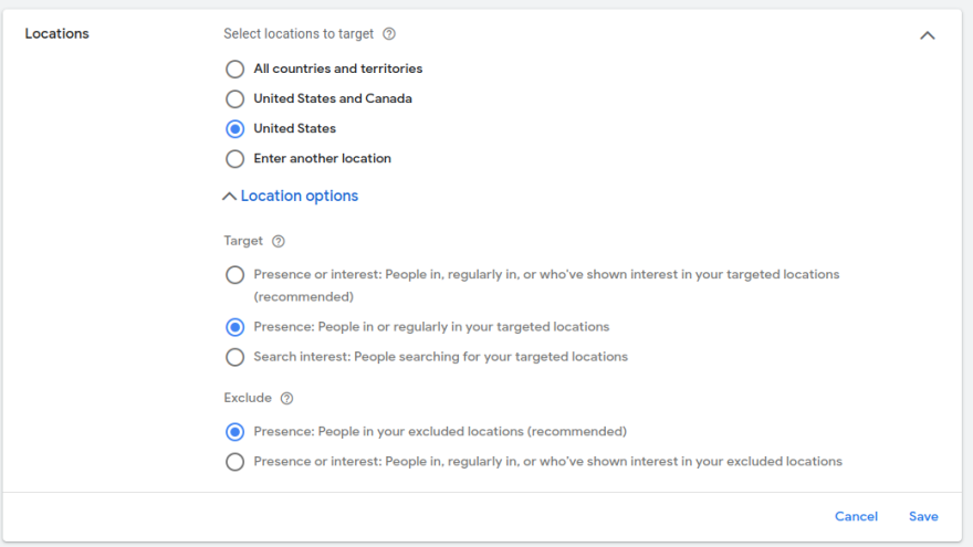 Google Ads locations settings