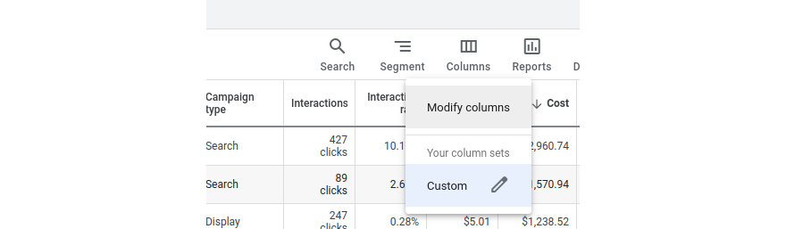 Google Ads interface showing the Modify Columns popup in front the campaign list