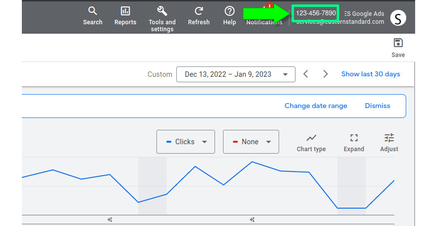 Google Ads interface highlighting customer ID in upper right corner