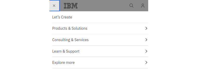 IBM's mobile website menu featuring Let's Create, Products & Solutions, Consulting & Services, Learn & Support, and Explore more