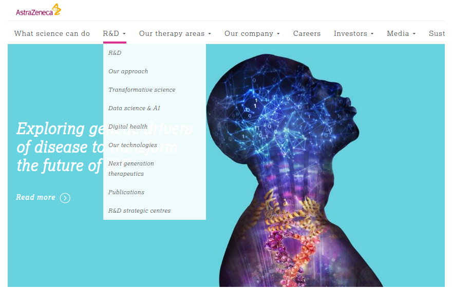 AstraZeneca's website with the dropdown menu showing the R&D menu items and R&D is listed first