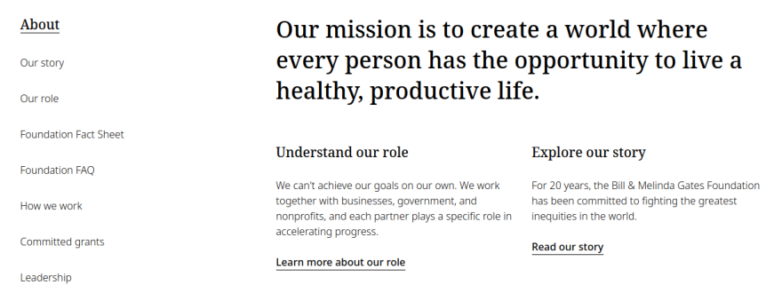 the sidebar menu for the Gates Foundation website