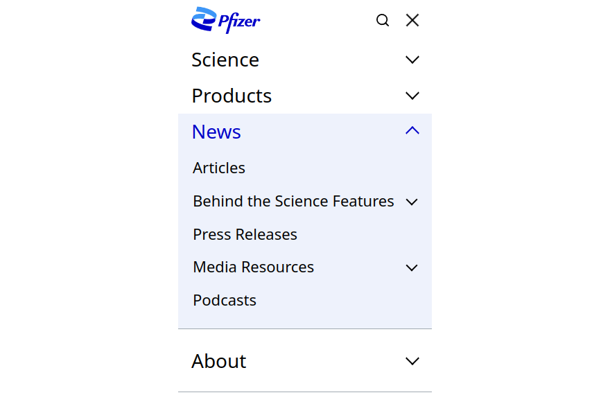 Pfizer's mobile menu with the News section expanded