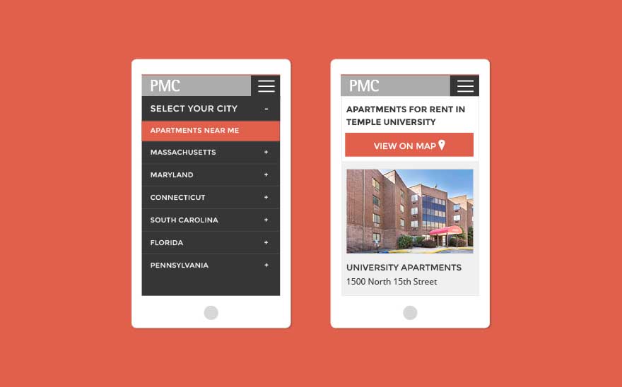 two screenshots of the PMC portfolio site on mobile with its expanded hamburger menu and the option to view a property on the map