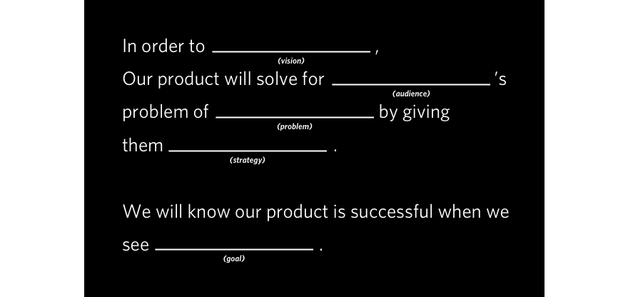 prompt that says in order to blank our product with solve for blank's problem of blank by giving them blank we will know our product is successful when we see blank