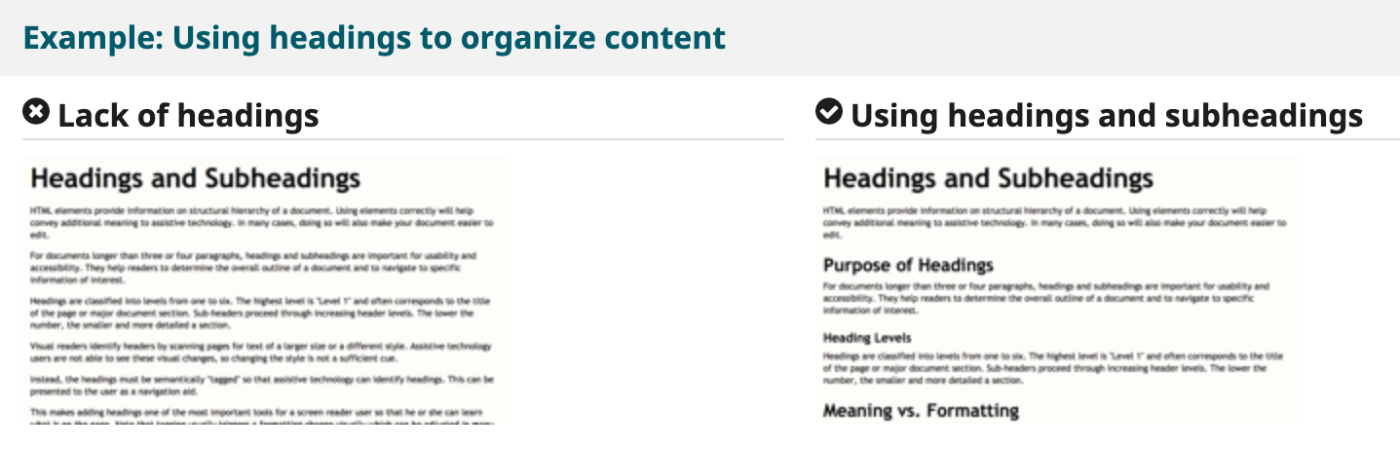 example of using headings to organize content with multiple headings of corresponding sizes breaking up the body text