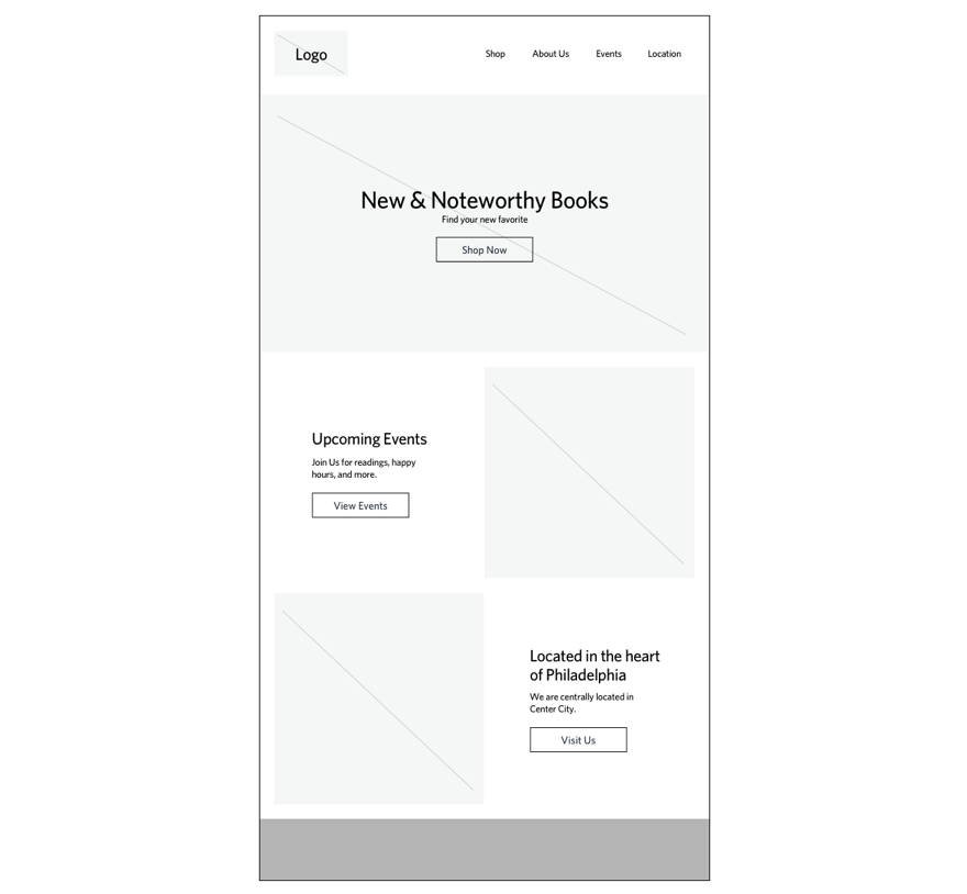 wireframes for a website with navigation for Shop, About Us, Events, and Location and images for New and Noteworthy Books plus Upcoming Events and Located in the heart of Philadelphia