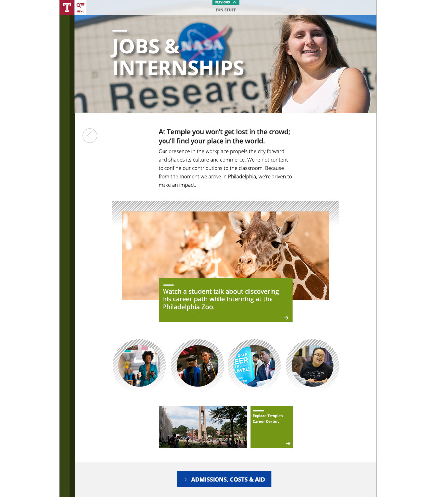 the Jobs & Internships page on the Temple University viewbook website with photos and callouts