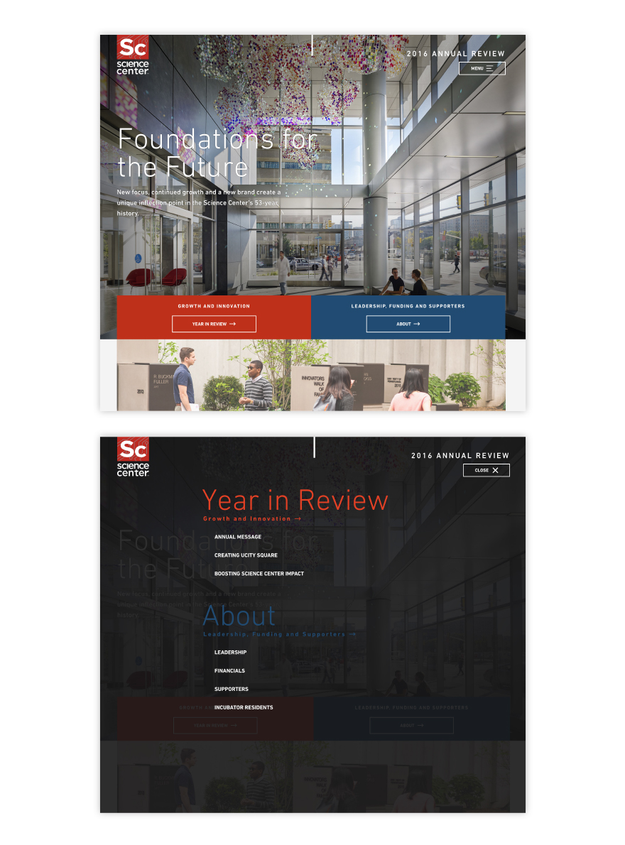 Science Center 2016 Annual Review website's homepage and expanded navigation