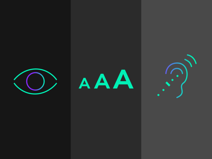 representations of ADA accessibility with an eyeball, the letter A increasing in size, and an ear translating sounds into hearing