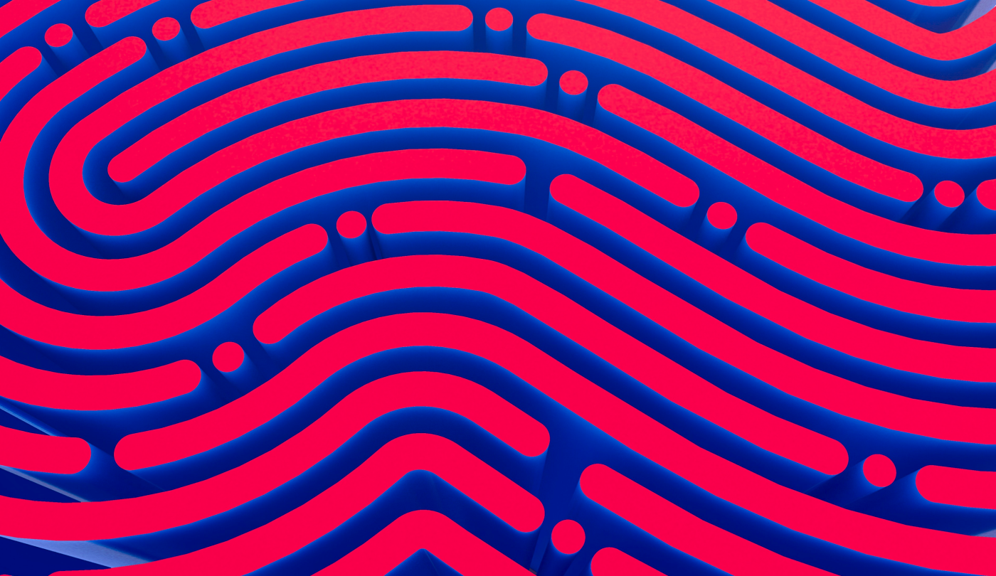 A three-dimensional maze with winding paths colored in deep blue-purple, adorned with a vibrant pattern of bright red-pink shades.