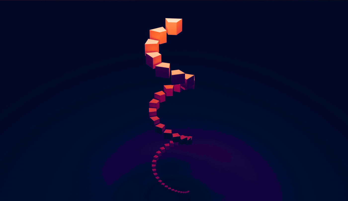 An intriguing spiral arrangement of squares, starting with small ones and progressing to larger ones, exhibiting a color gradient from deep purple-red at the base to vibrant orange at the top.