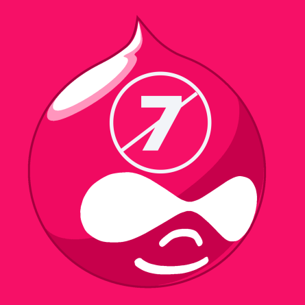 the Drupal droplet with a 7 crossed out on its forehead