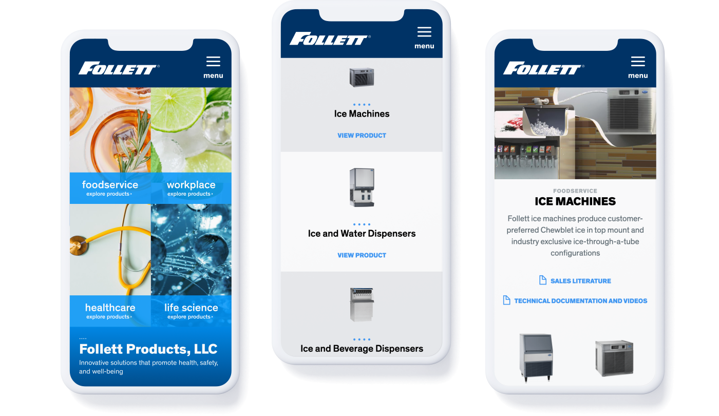 three mobile screens depicting Follett ice products
