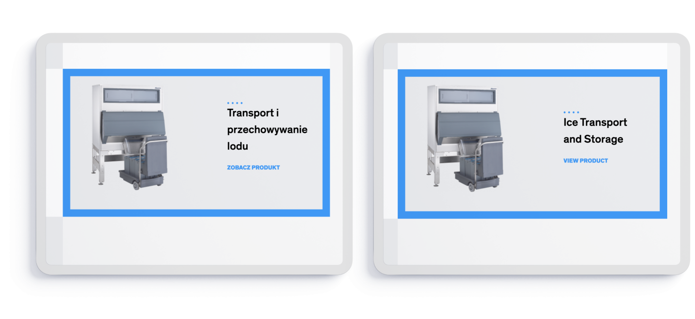 two tablets, one with the ice transport and storage display in Polish and one in English