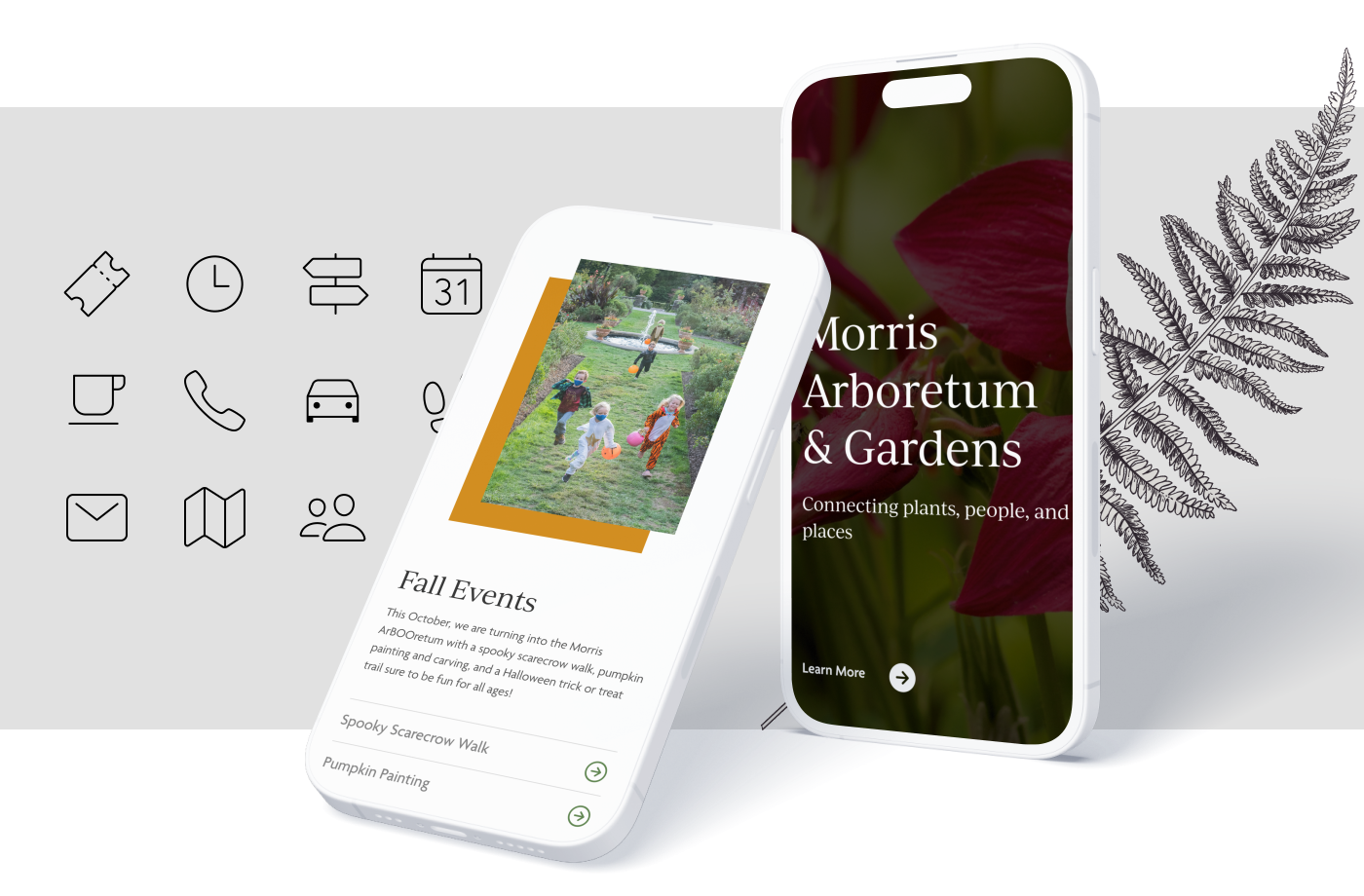 examples of the Morris Arboretum & Gardens website on two different mobile devices with various icons and leaf illustrations behind them