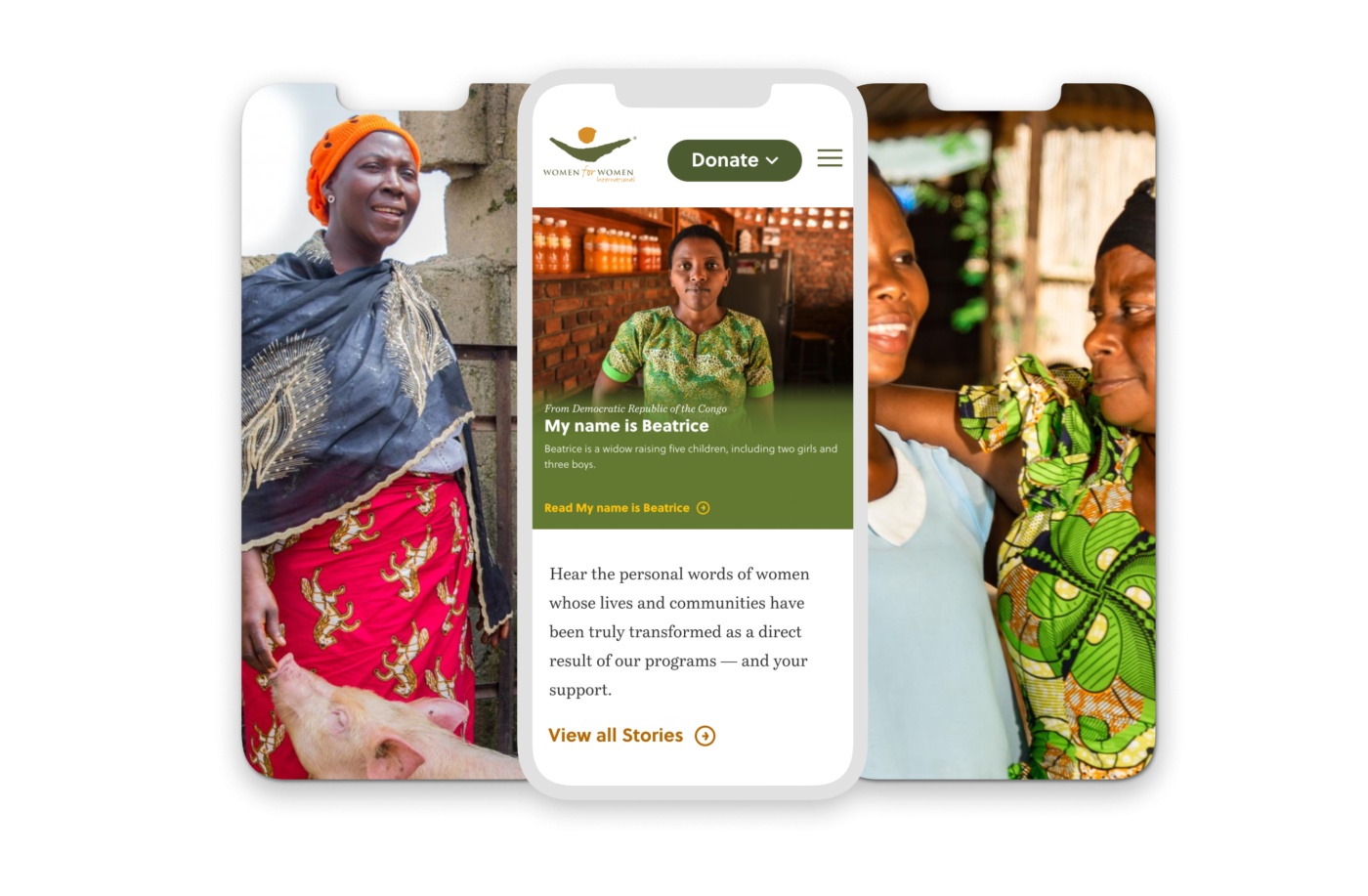 screenshots from the Women for Women International mobile website