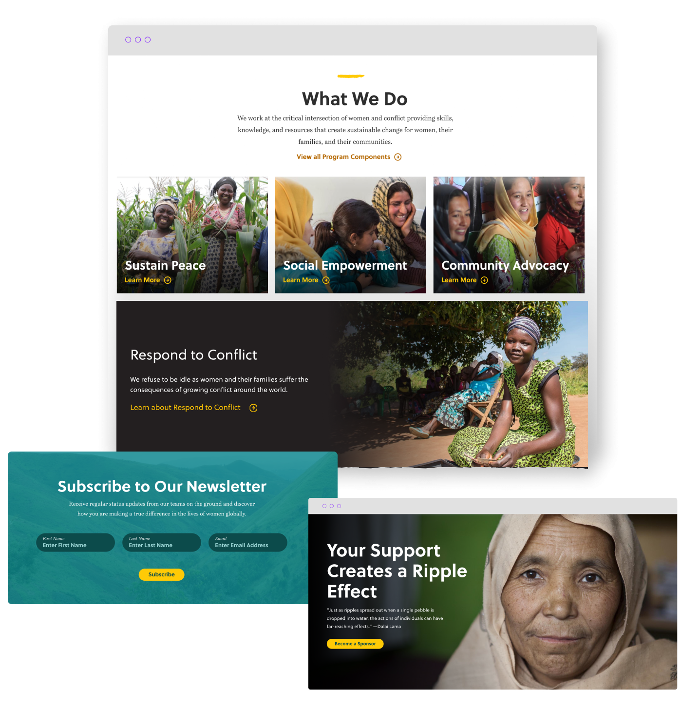 the Women for Women International website on tablet with focus on the subscribe callout and support CTA hero