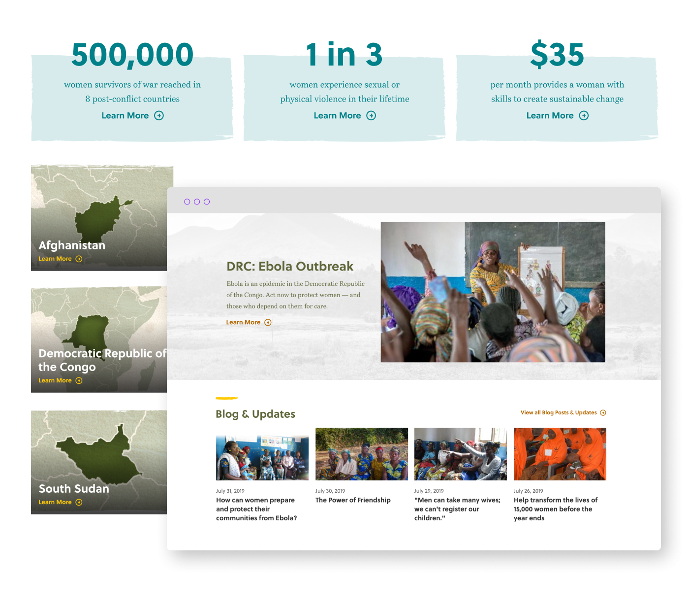 examples of callout elements from the Women for Women International website