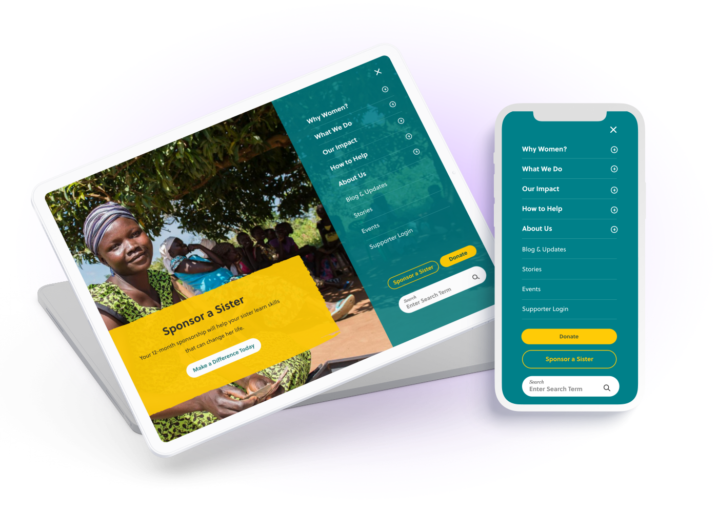 the Women for Women International website on tablet and mobile