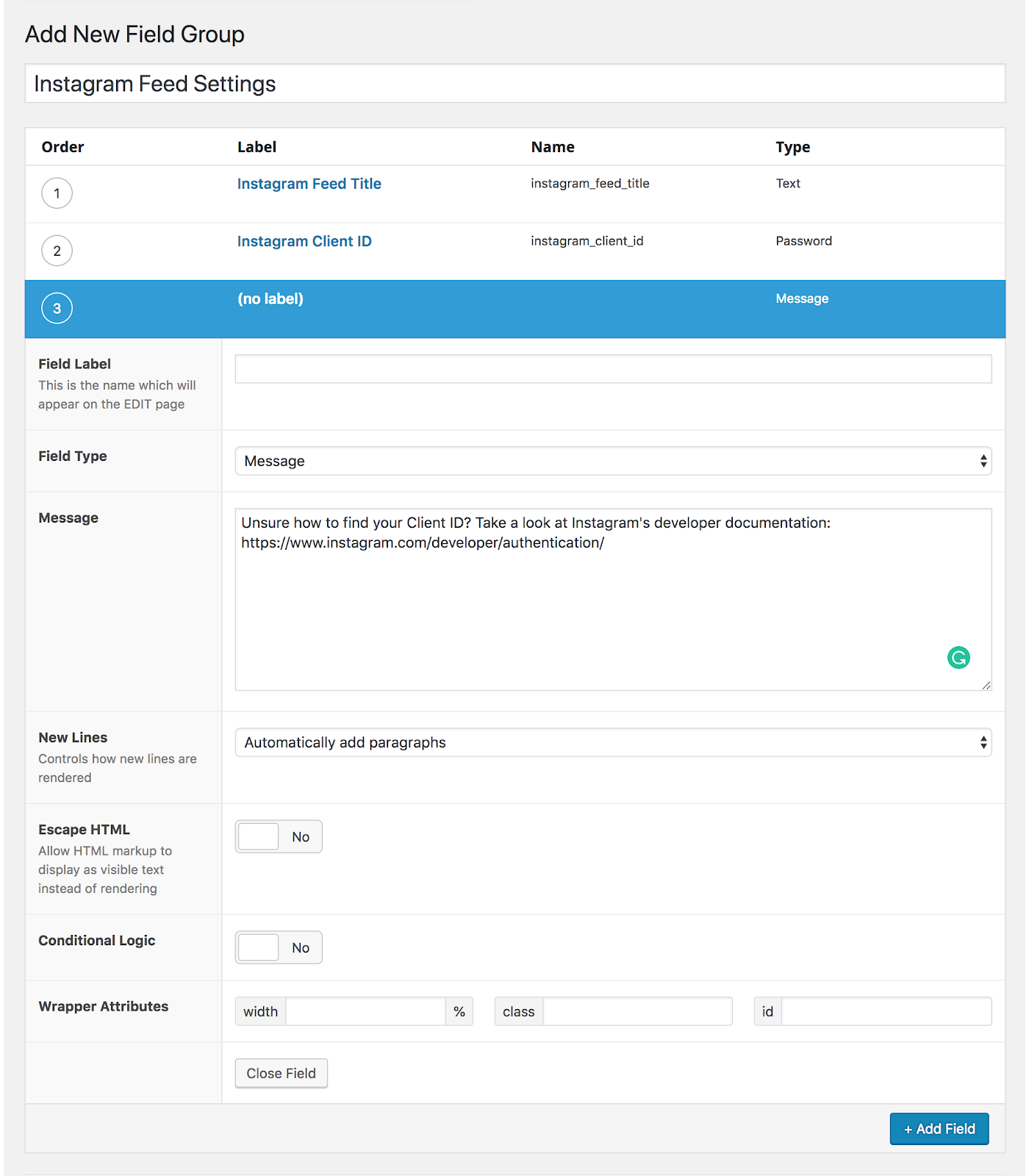 WordPress's Add New Field Group section to add types, labels, wrappers, and more