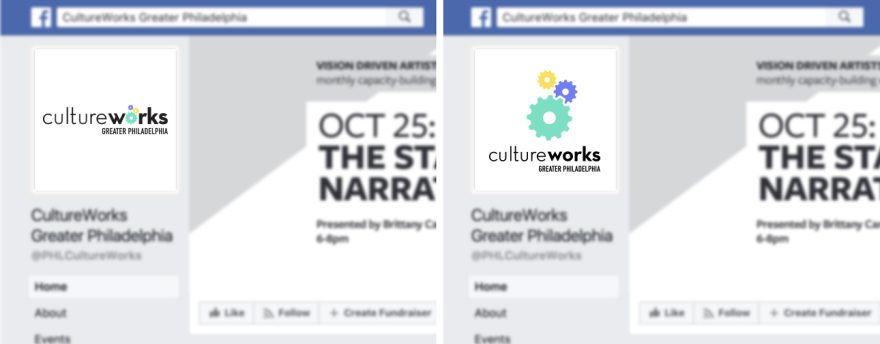 side-by-side example of the CultureWorks gear logo on two different social media pages, one emphasizing the text and one the gear icons
