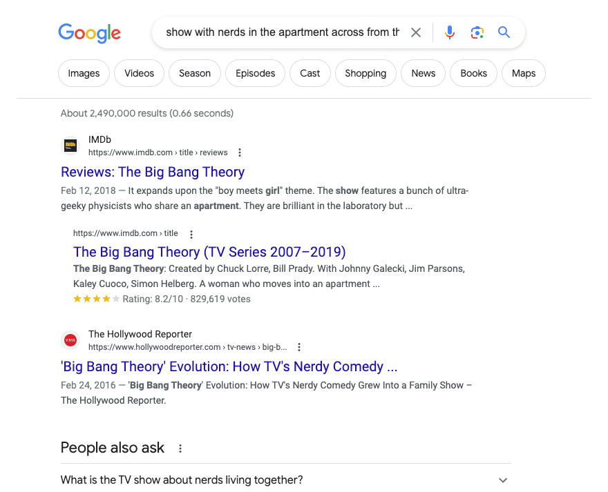 Google search result page with Big Bang Theory from imdb.com at the top