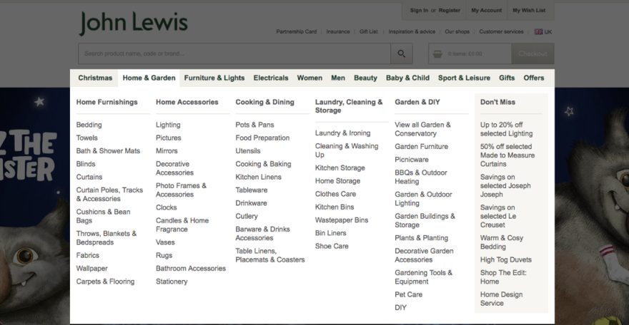 multi-column megamenu navigation overlay on the John Lewis website