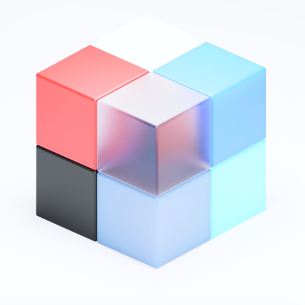A semi-transparent 3D Rubik's Cube showcasing a mix of vibrant colors including red, pink, blue, dark gray, and various shades of blue-gray.