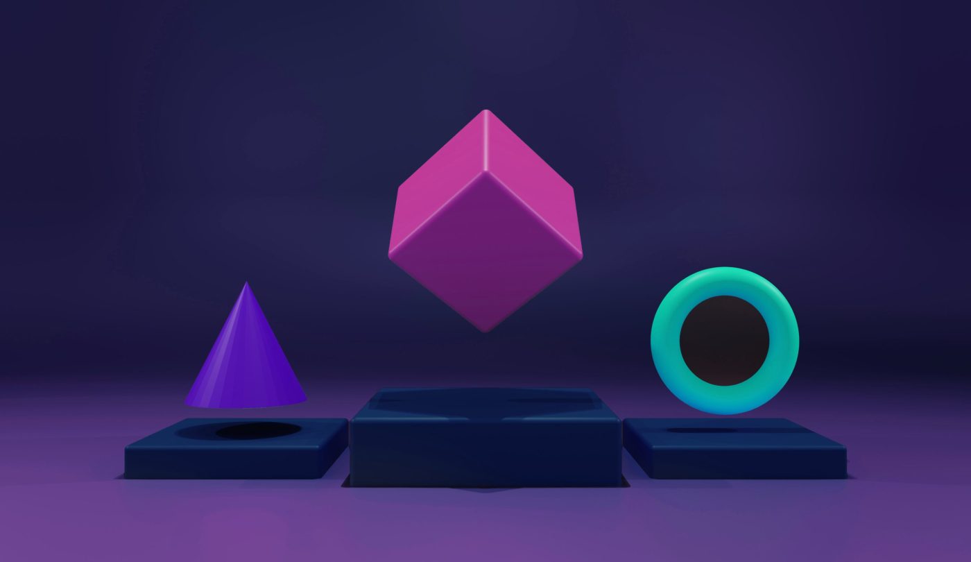 An artistic 3D image showcasing a floating purple cone, pink cube, and green ring in an abstract composition.