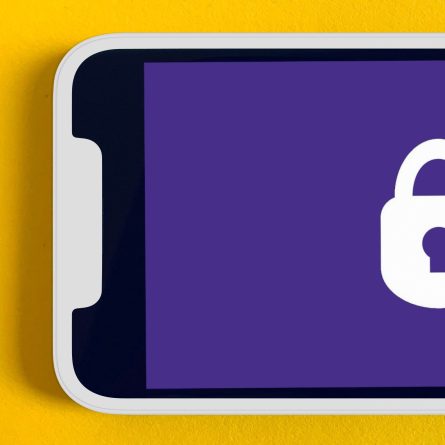 A vibrant and bright yellow background featuring a horizontally oriented iPhone with a purple screen. On the screen, a white lock icon is displayed.