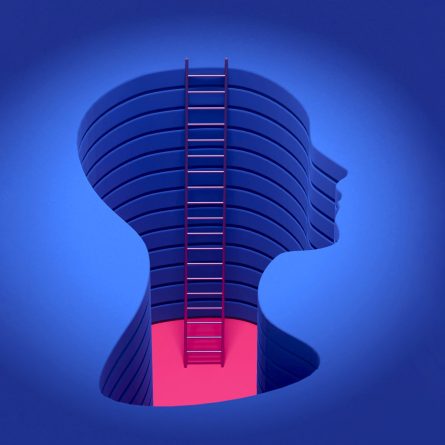 An artistic depiction of a silhouetted human head as a three-dimensional pit, with a descending ladder, set against a vibrant blue and rose backdrop.