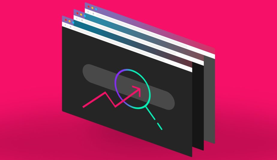 A 3D representation of a browser window shows a stylized search bar, hourglass icon, and upward trending graph line