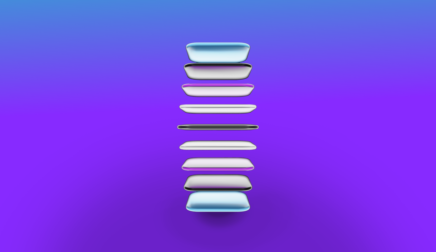 Abstract 3D rendered image featuring a vertical stack of flat objects gracefully floating in space.
