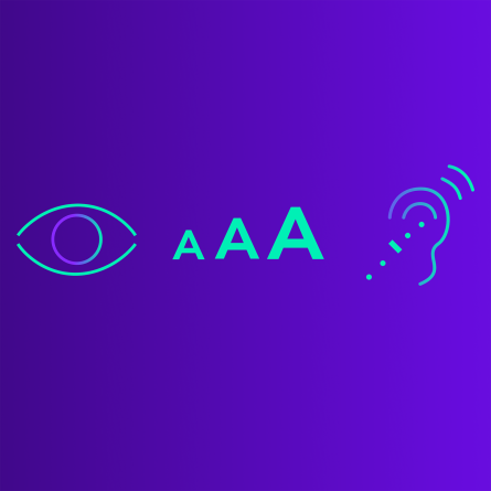 An image with vivid green and purple icons representing ADA compliance on a gradient purple background.